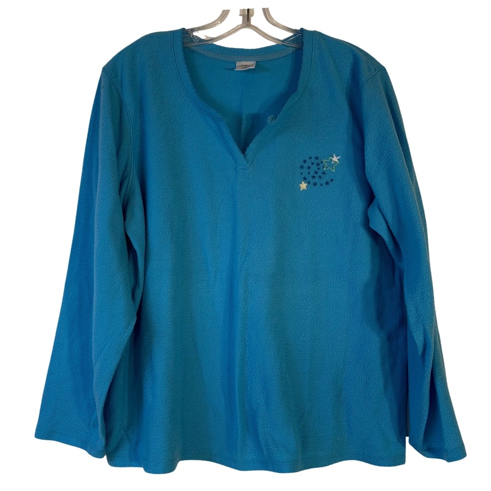Croft & Barrow Blue Waffle Knit Star Embroidered Pajama Top XXL Long‎ Sleeve